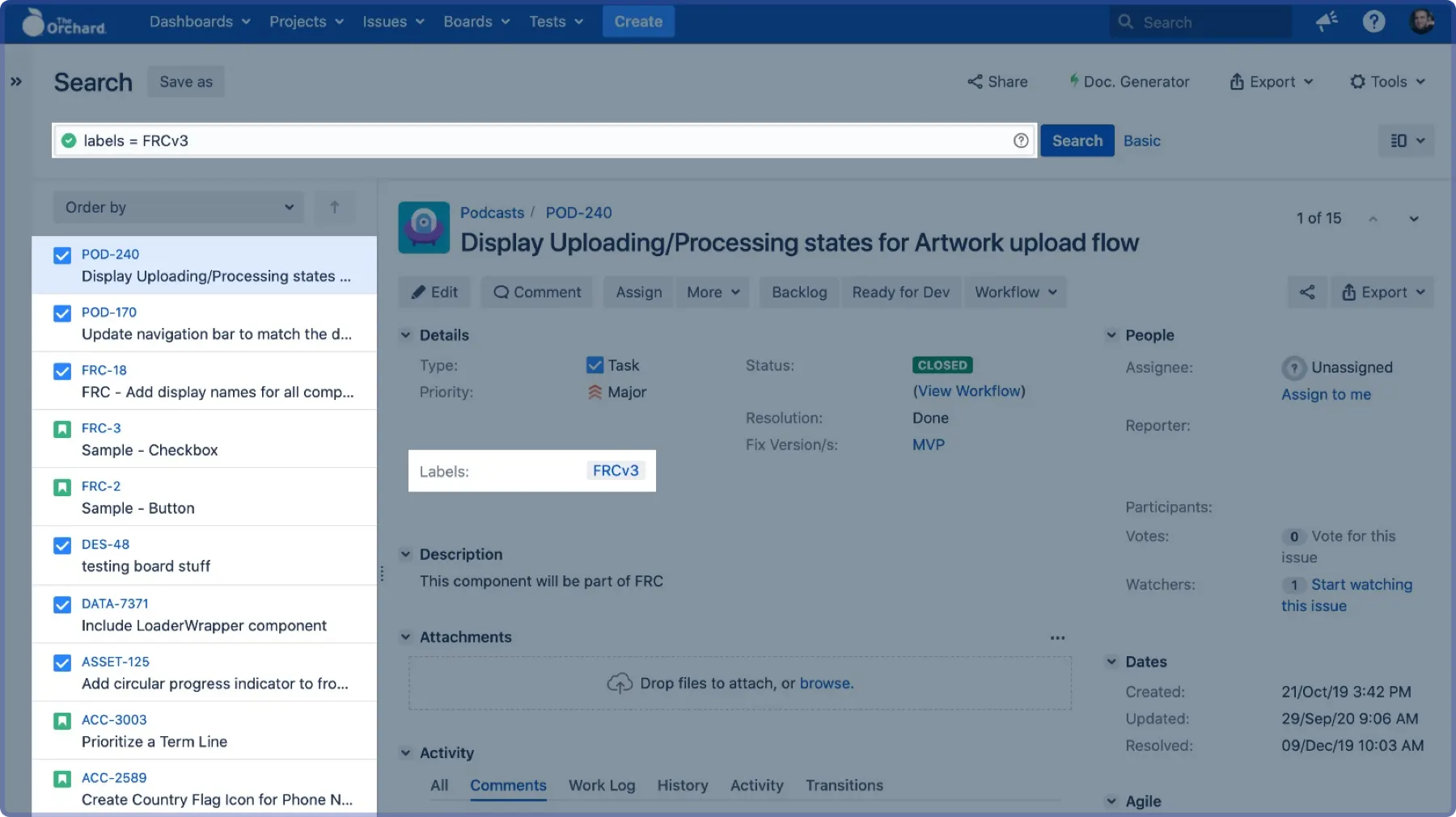 Jira board with design system labels