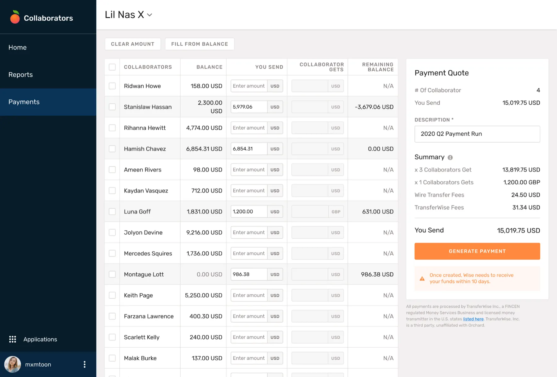 Payment generation screen