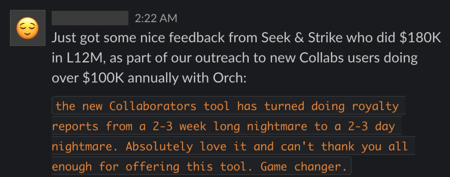 Customer message praising the collaborators tool