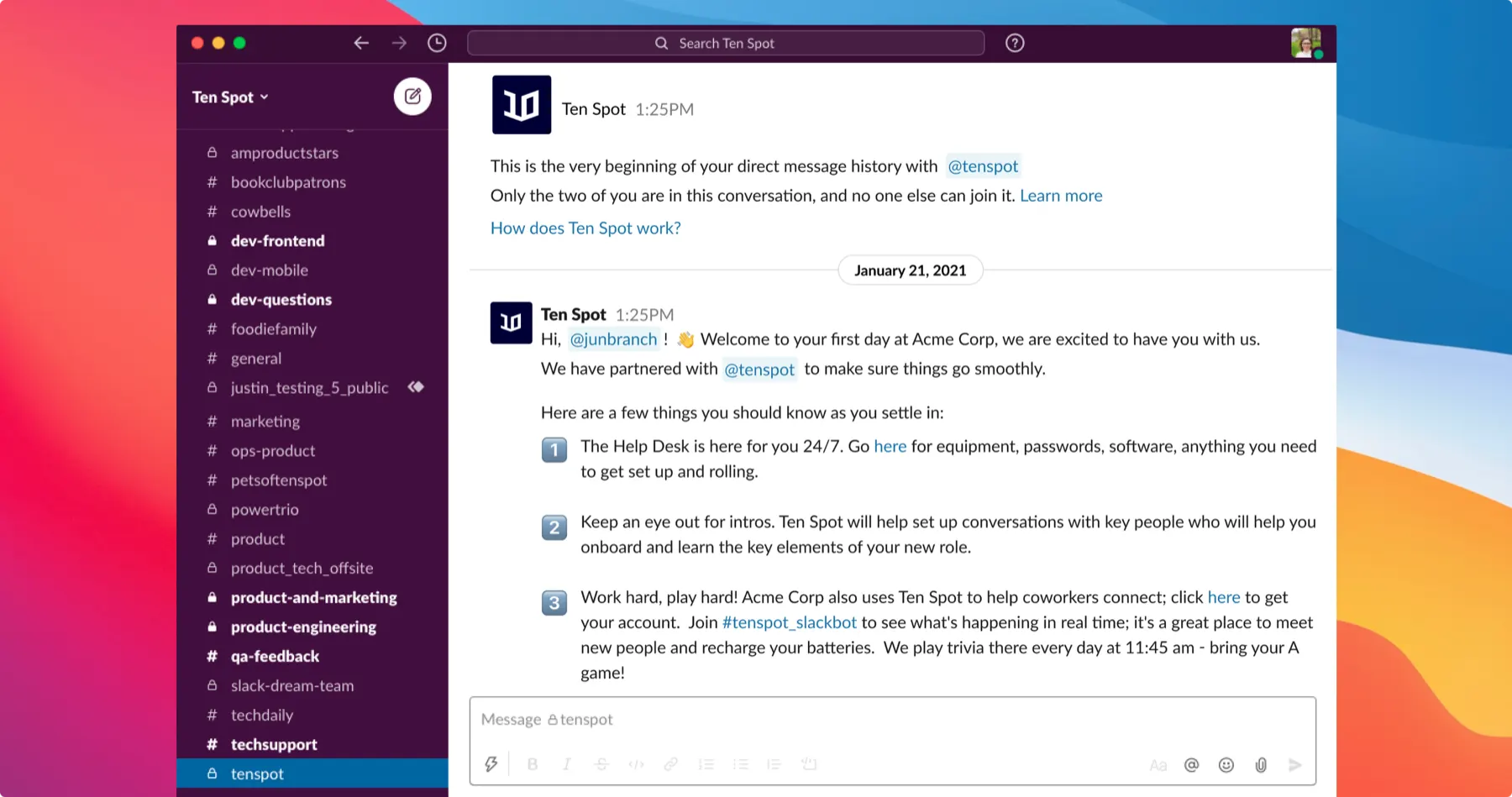 Slack welcome message from Ten Spot Bot