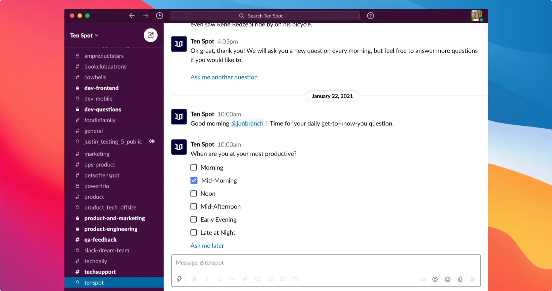 Slack working-habits questions