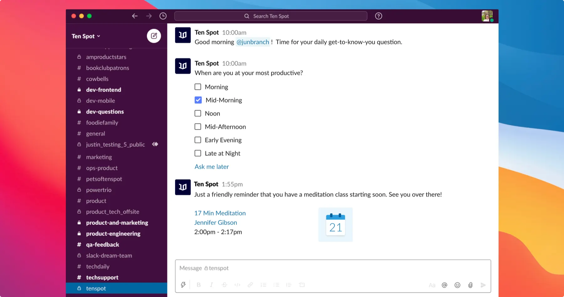 Slack meditation class reminder