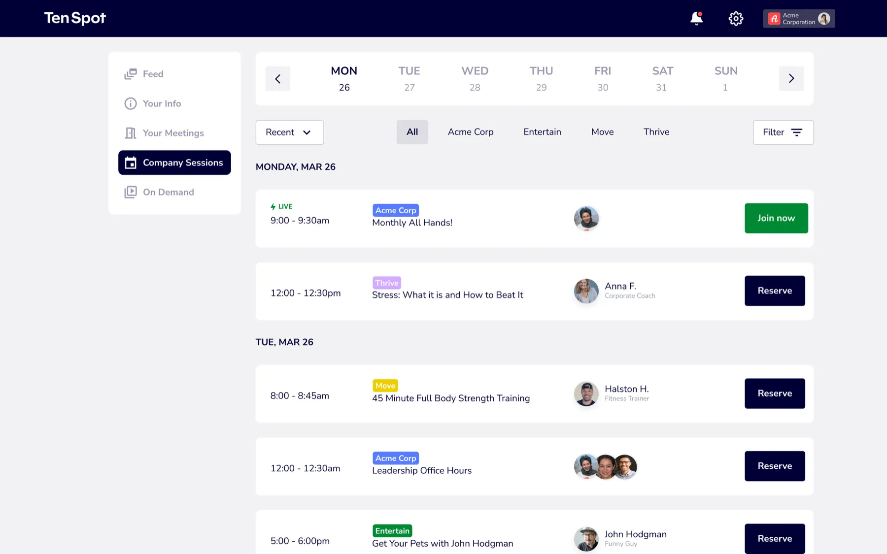 Company sessions schedule